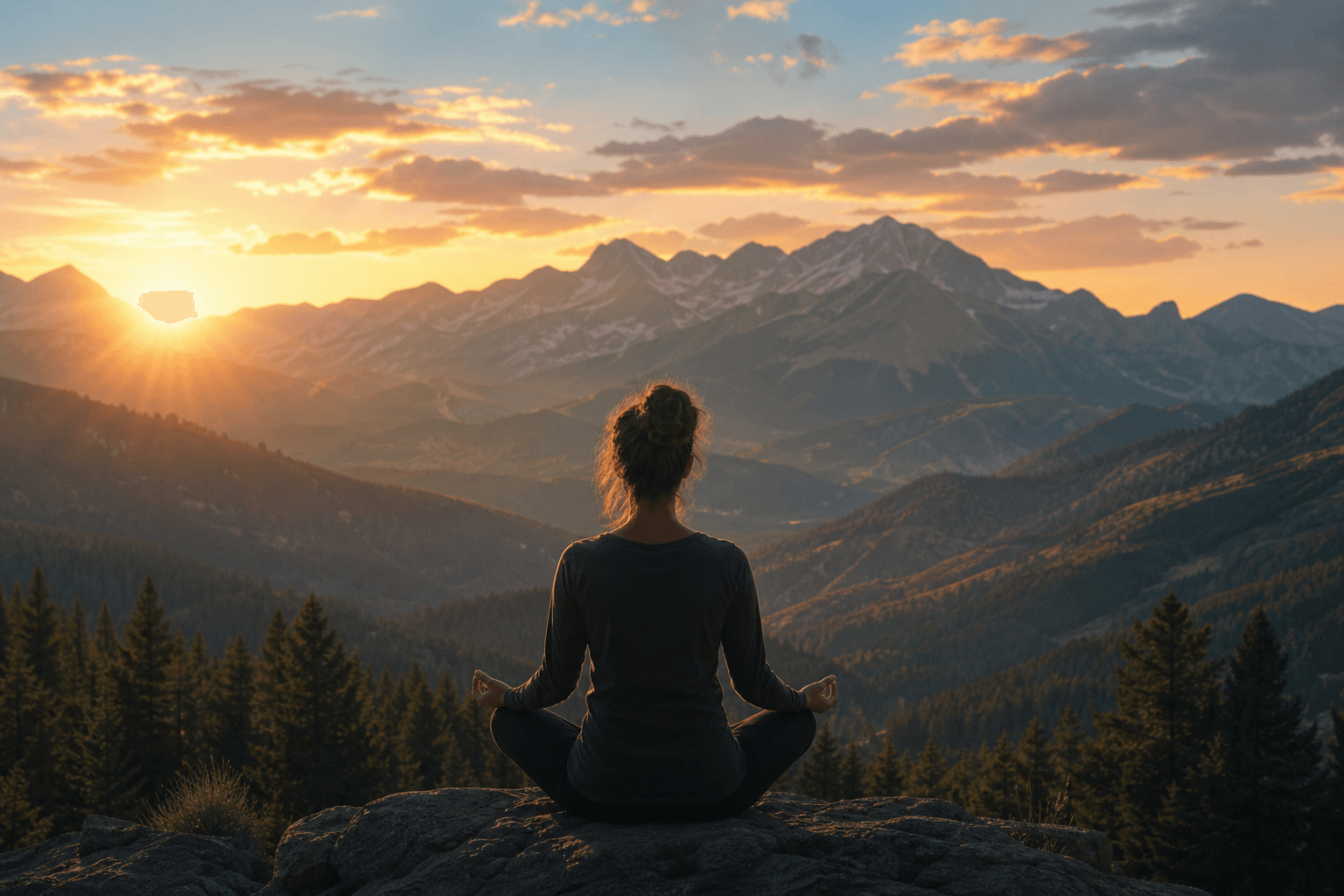 A person sitting in meditation on a rocky outcrop, watching the sun rise over forested mountain ranges.
